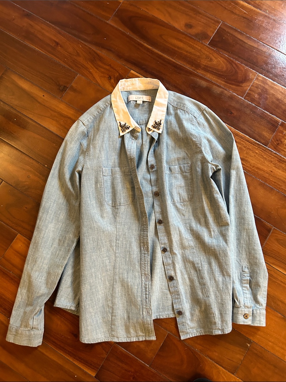 LOFT Chambray Button-Up with Jeweled White Collar